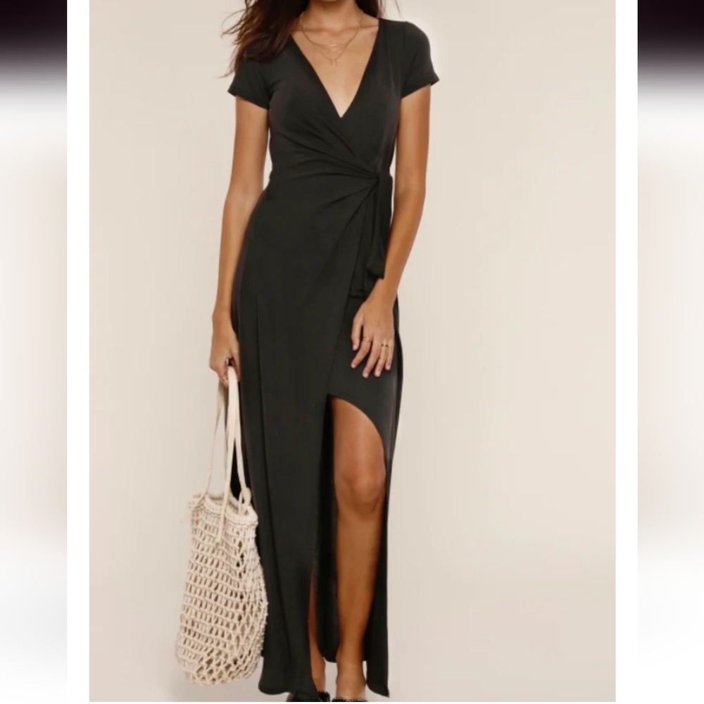 Heartloom Colton Black Maxi Wrap Dress with Side Slit NWT